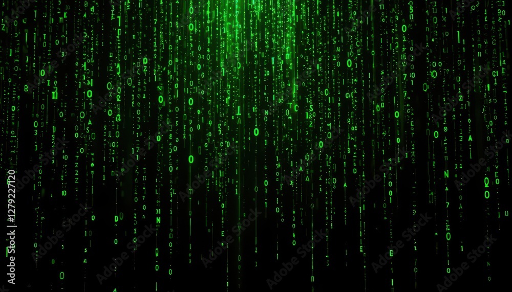 Poster digital rain of binary numbers on a dark background