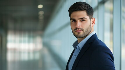 Fototapeta premium Businessman in navy blazer, serious expression, 3/4 view, natural side lighting