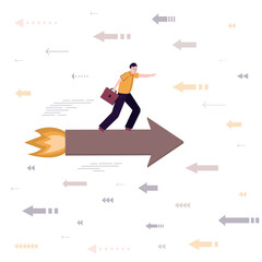 Businessman standing on giant arrow and ride in opposite direction. New ideas change way and direction of thinking, smart man moves in other way, overcoming obstacles.