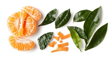 Bright Studio Shot of Fresh Peeled Tangerine Segments with Green Leaves on White Surface