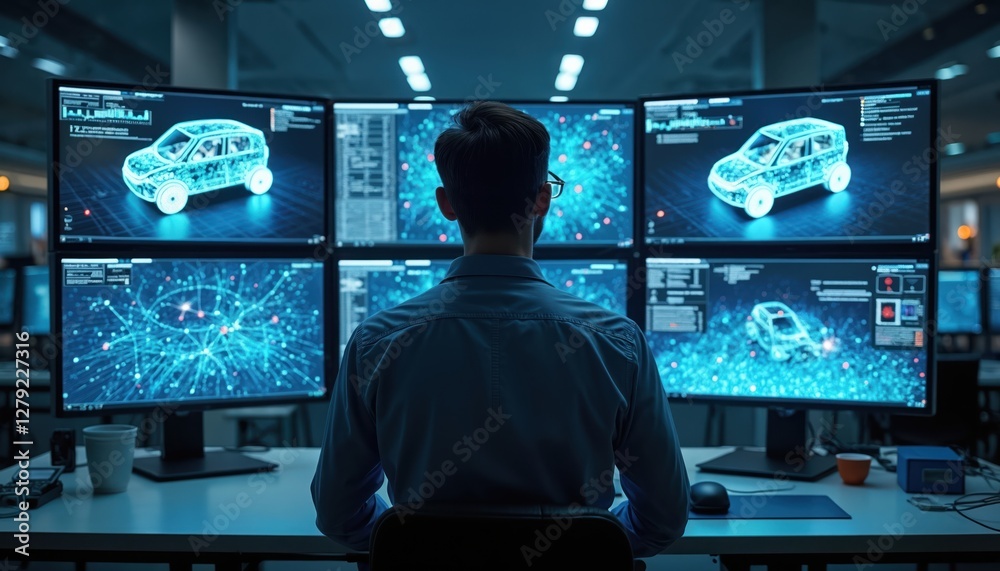 Poster engineer develops ai-driven autonomous vehicles in lab. programmer works with neural networks, monit