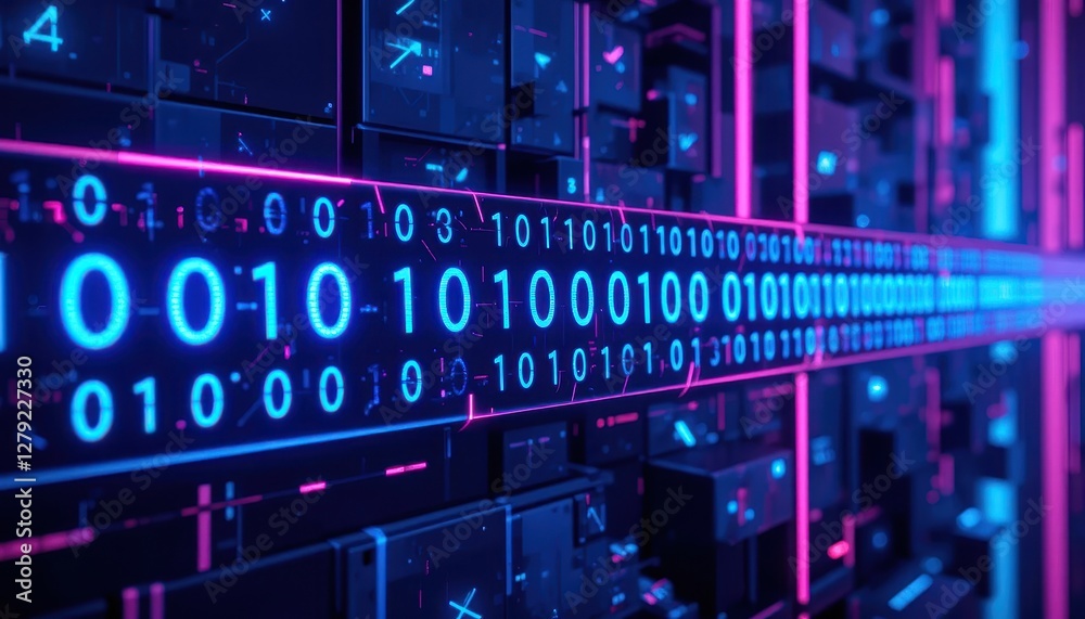 Poster neon digital binary code representation on futuristic background