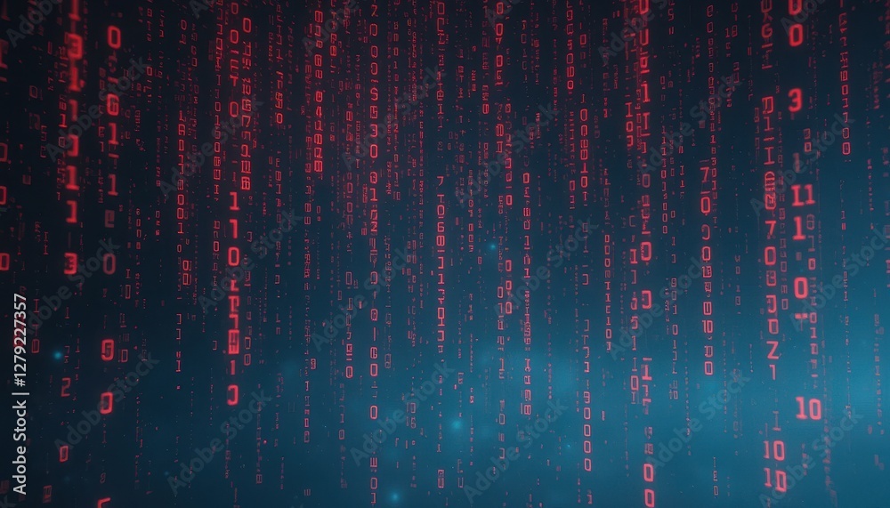 Poster dynamic red binary code rain on dark background for digital art