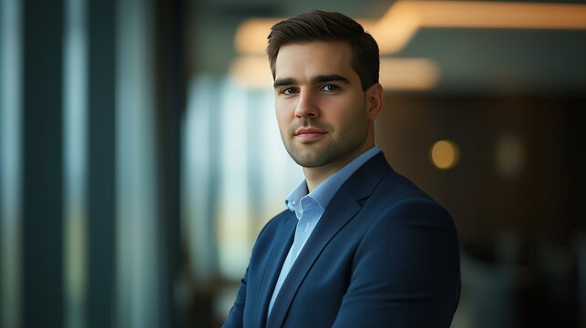Businessman in navy blazer, serious expression, 3/4 view, natural side lighting
