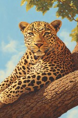 Obraz premium Majestic leopard rests on tree branch, showcasing stunning coat