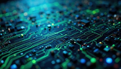 Abstract Circuit Board with Blue and Green Lights in Close-Up View