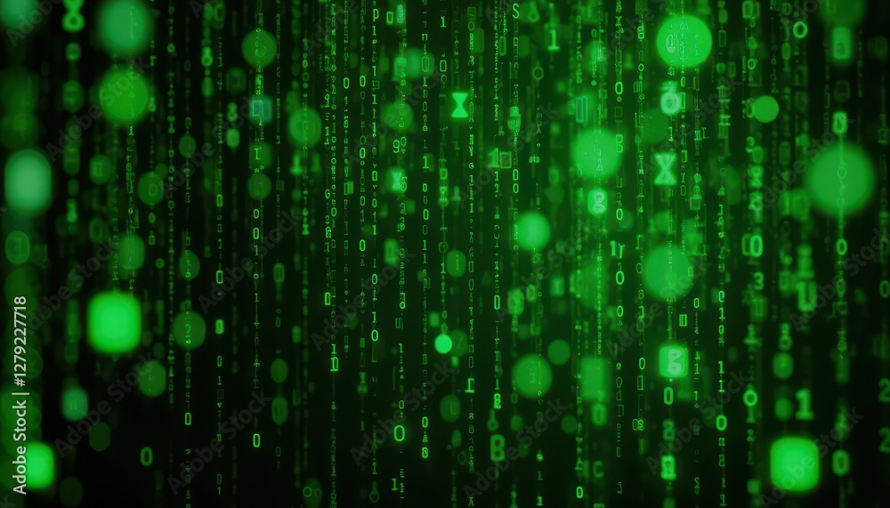 Poster green binary code background with glowing digital effects