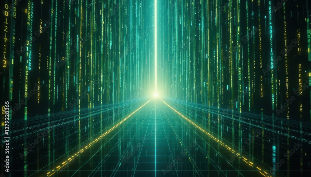Poster digital pathway surrounded by glowing binary code in dark space