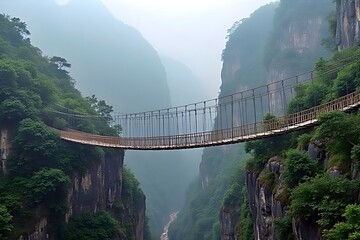 Fototapeta premium Suspension Bridge Over Canyon: Adventure Among Mountains - 02