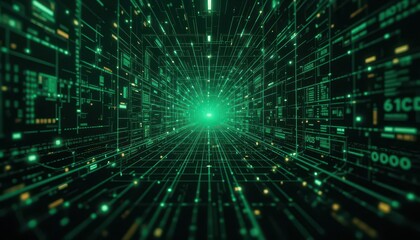 Fototapeta premium Digital Green Tunnel with Data Streams and Futuristic Visuals