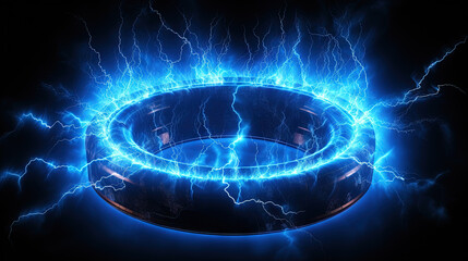 Glowing neon ring surrounded by dynamic blue lightning and energy bursts on a dark background