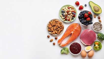 Ketogenic Diet Food: Low-Carb Keto Products Featuring Vegetables, Fish, Meat, Nuts, Seeds, Berries, and Cheese on a White Background &ndash; Top View