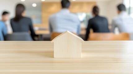 Wooden Miniature House on Table with Blurred Figures Attending a Business Meeting