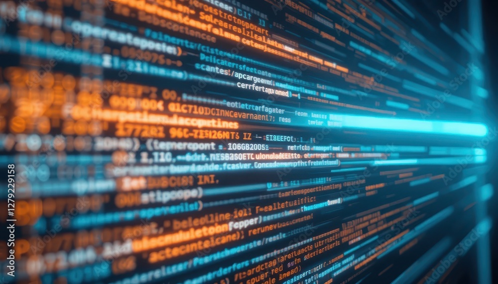 Poster abstract digital data flow with bright lines and code on background
