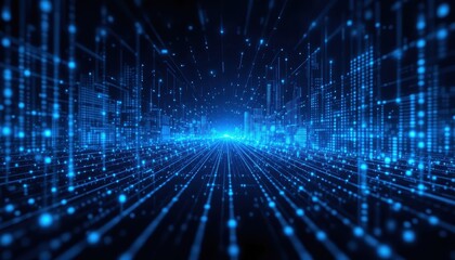 Futuristic Digital Cityscape with Blue Light Trails and Grid Effect