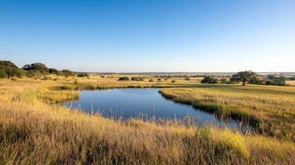 Serene Texas Ranch Pond, Sunny Sky, Grasslands