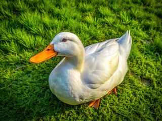 A pristine white duck sits amid a grassy field, seen from above.