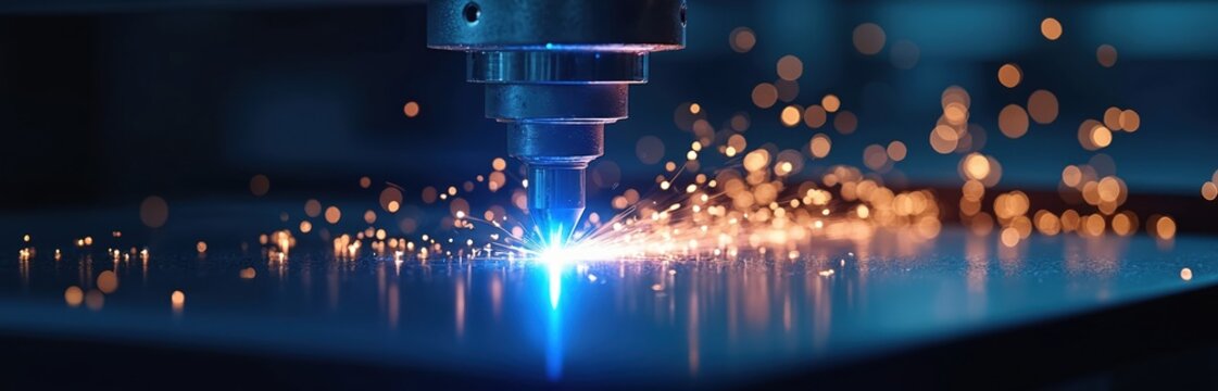 Close-up of metal cutting with blue laser CNC machine with light sparks. Current industrial hi-tech equipment, modern manufacturing, precise metalwork, automated laser processing, engineering,