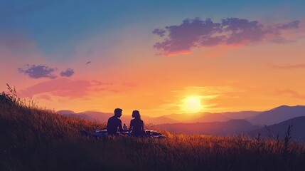 Fototapeta premium Sunset Serenity: Silhouette of Two People Sitting on a Blanket Overlooking a Grassy Hill with Warm Golden Light