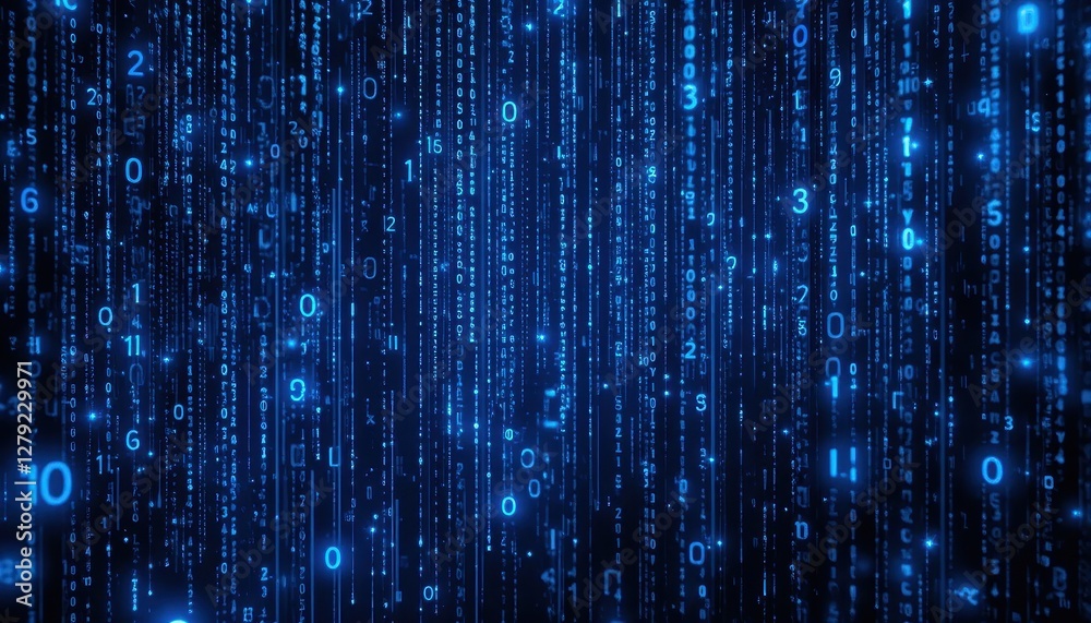 Poster digital matrix of glowing binary code in blue background