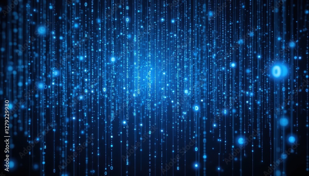Poster futuristic digital rain of binary code symbols on dark background