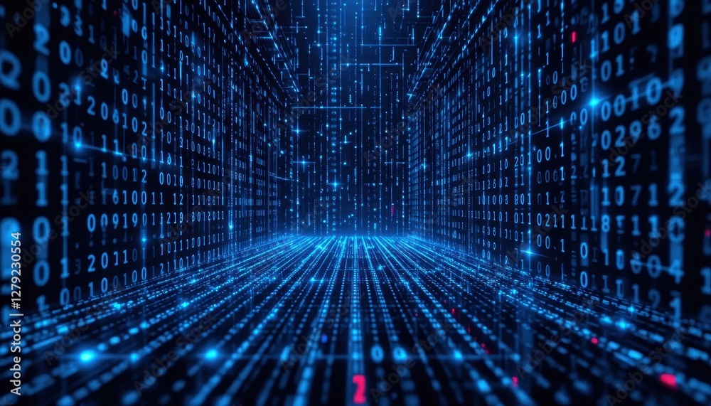 Poster digital matrix background with blue binary code and light effects