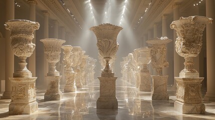 Elegant classical urns in a grand hall, showcasing art and style; suitable for interior design inspiration