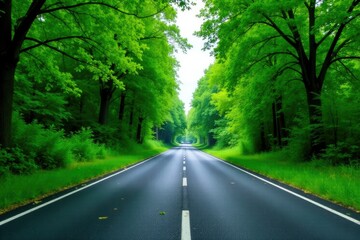 Fototapeta premium Wide empty asphalt road with trees on the side, greenery, solitude