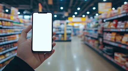 Holding a smartphone with a blank screen near a digital payment terminal in a supermarket.
