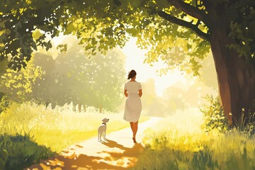 Pregnant woman walking her dog in a sunny park