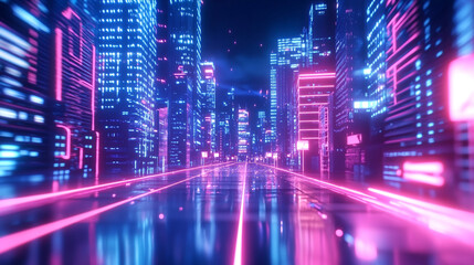 Fototapeta premium Futuristic cityscape with neon lights reflecting on wet streets at night
