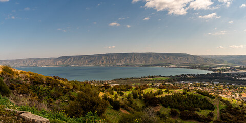 Panoramic view of the Sea of Galilee from the viewpoint along the road down from Poriya in Israel. 