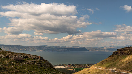 Naklejka premium Panoramic view of the Sea of Galilee and Tiberias from the Golan Heights in Israel. 