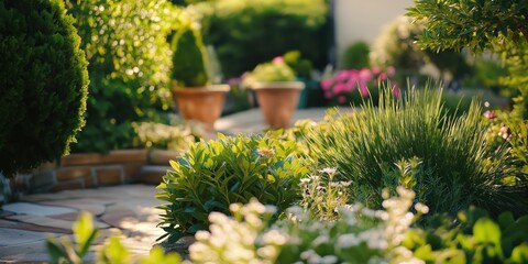 Sunlit garden path, vibrant greens and blossoms.