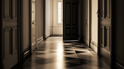 Minimalist representation of a grand hotel entrance, clean lines, soft natural light