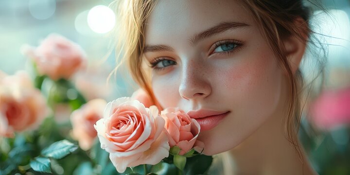 Beautiful girl embracing a pink rose in a floral setting during daylight hours