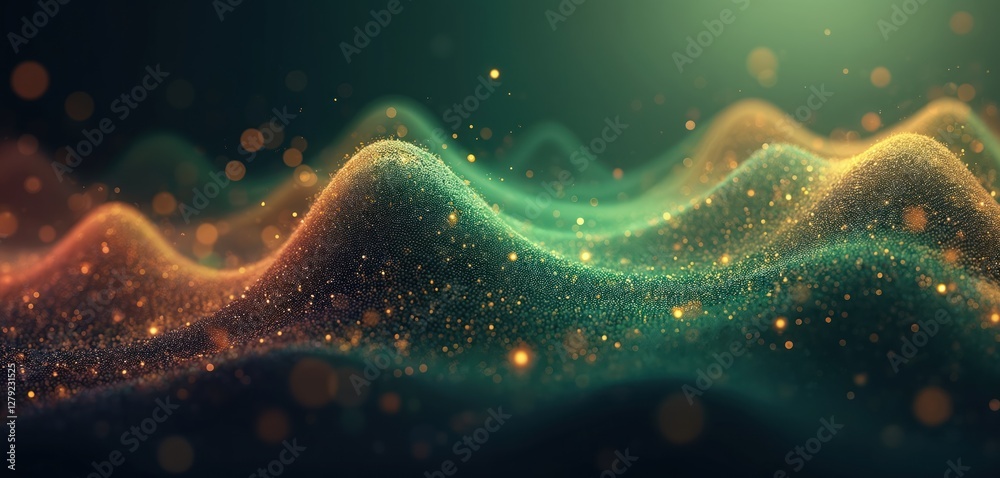 Poster Abstract wavy background with glowing particles and bokeh effects. Digital 3D render of smooth wave line with dot patterns. Gold, green, and orange shades create a sense of motion, energy.