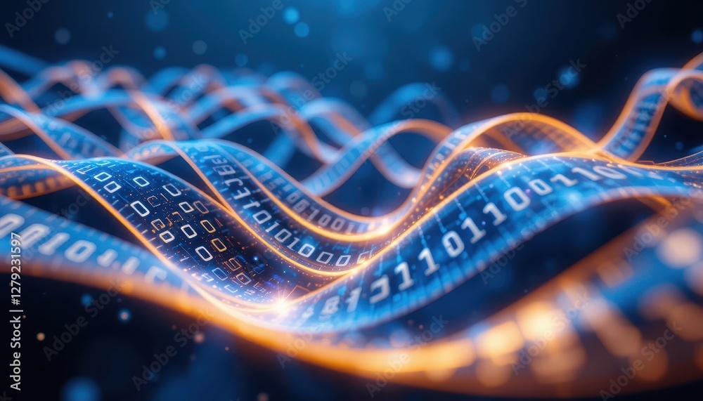Poster flowing digital waves with binary code and glowing light effects