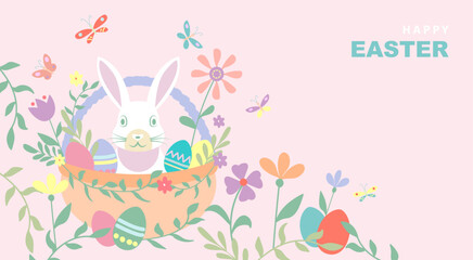 Banner of Happy Easter basket, hand drawn flat design with bunnie, flowers, eggs and butterflies, in pastel colors style. Vector illustration on pink modern background with copy space
