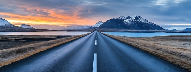 Obraz premium Road to the Mountains at Sunset A Scenic View of a Long Straight Road Leading to Snow-Capped Mountains at Twilight with a Colorful Sky