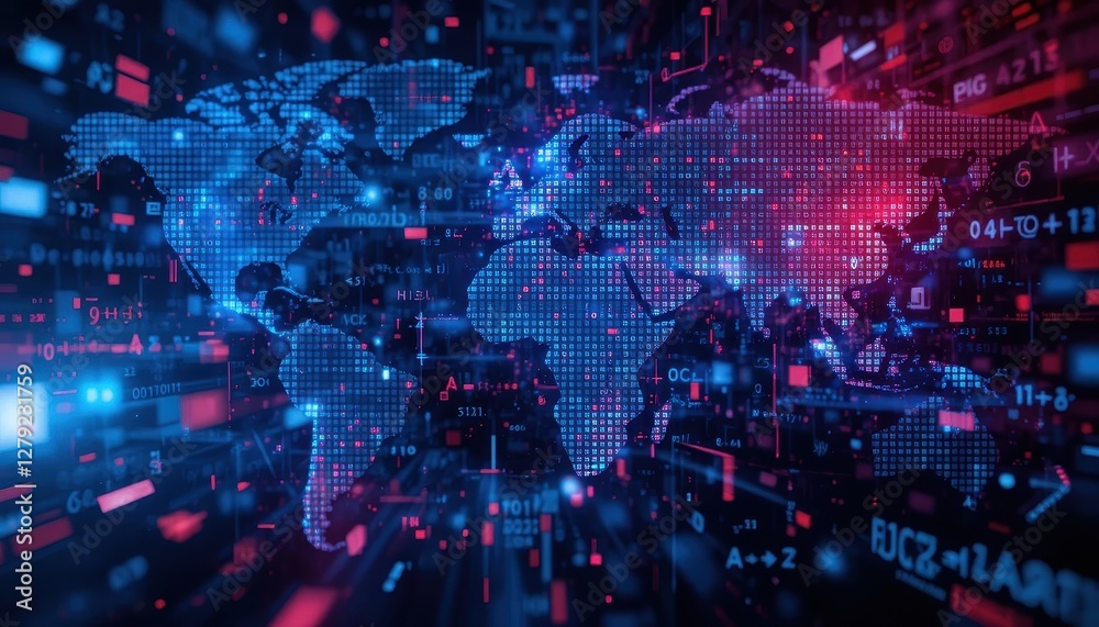 Poster abstract digital world map illustration with binary data background
