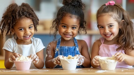 Fototapeta premium Three adorable diverse little girls joyfully engaging in a baking activity, covered in flour, showcasing childhood fun and creativity.