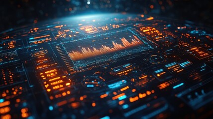 Futuristic digital interface displaying data analytics and visualizations in a tech environment