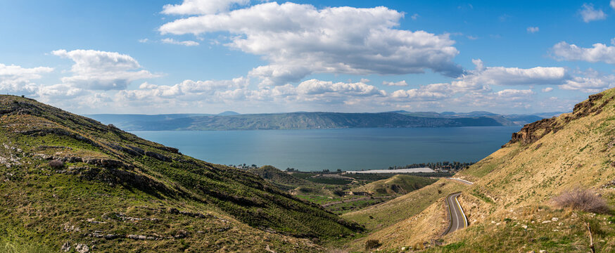 Panoramic view of the Sea of Galilee and Tiberias from the Golan Heights in Israel.
