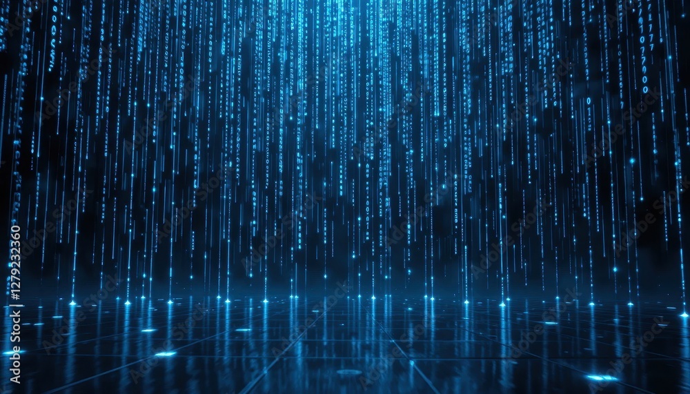 Poster digital rain of blue binary code in a futuristic virtual environment