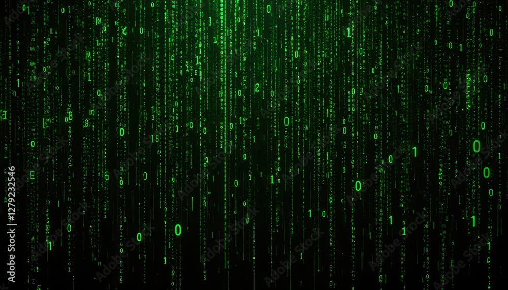 Poster green digital rain with binary code and glowing numbers