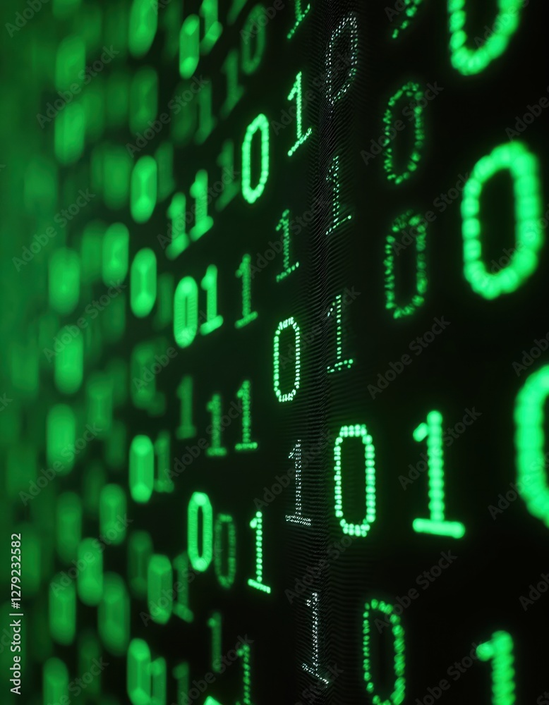 Poster green binary code zeros, ones against black backdrop. digital data stream background. futuristic tec