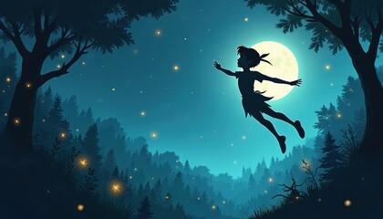 Peter Pan silhouette soars through enchanted forest under moonlight. Magical night flight. Dreamlike fantasy scene, whimsical, ethereal, glowing, mysterious. Skyward journey, celestial, peaceful,