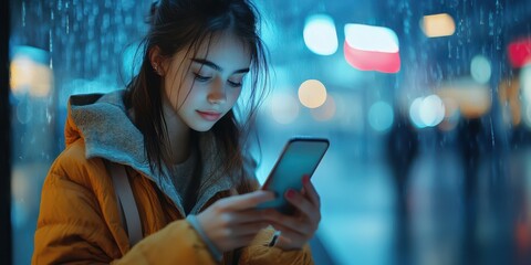Young woman in a yellow jacket checks her phone under a rainy night scene in an urban setting