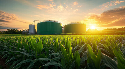 Green Industrial Tanks and Crops with a Beautiful Sunset Overhead